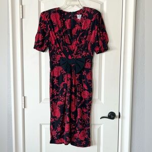 Jane Singer 80s vintage black and red Floral Dress with Bow at waist